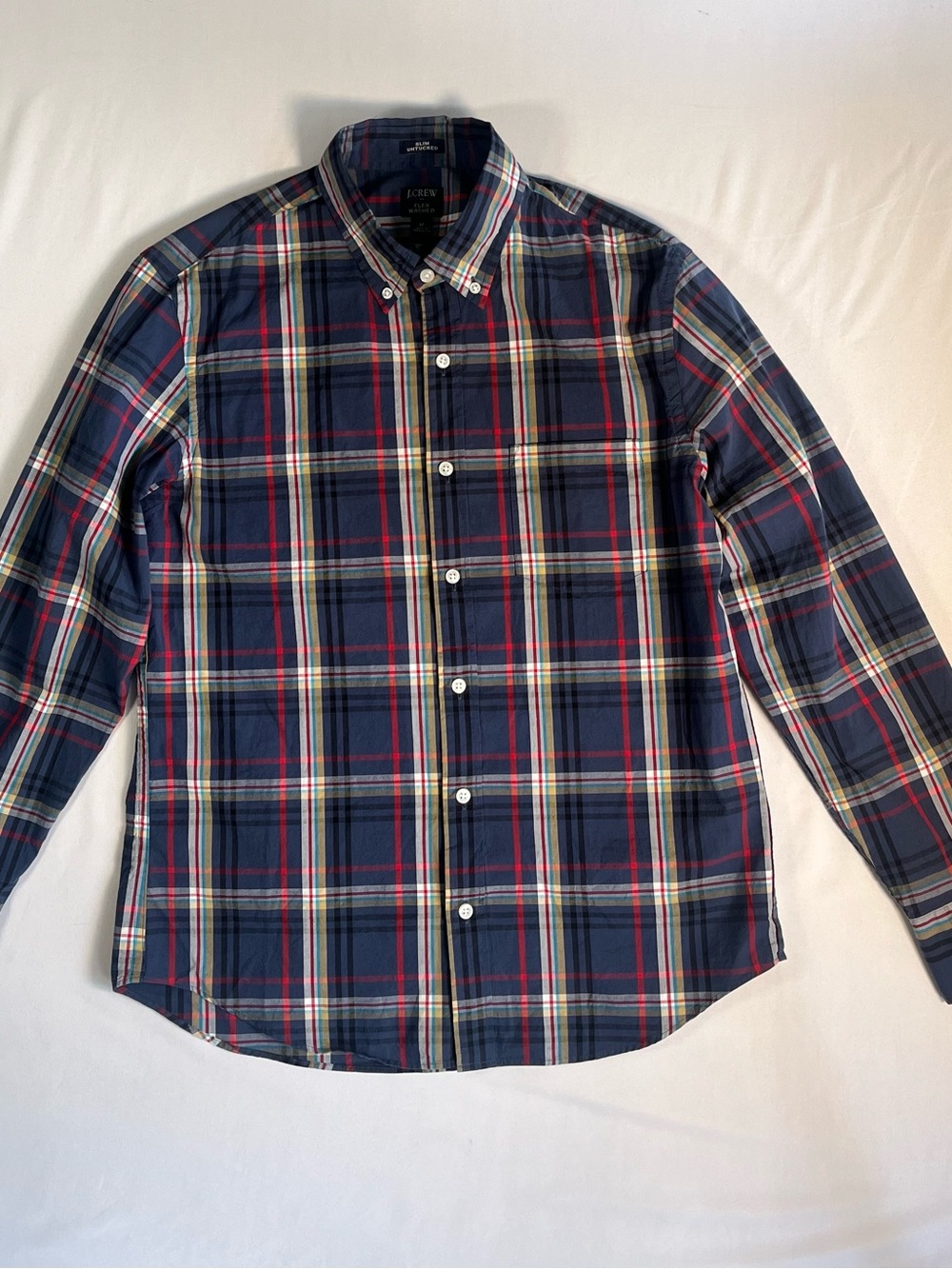 J. Crew Men's Navy Plaid Button-Down Slim Shirt with Red and Cream Stripes 0004